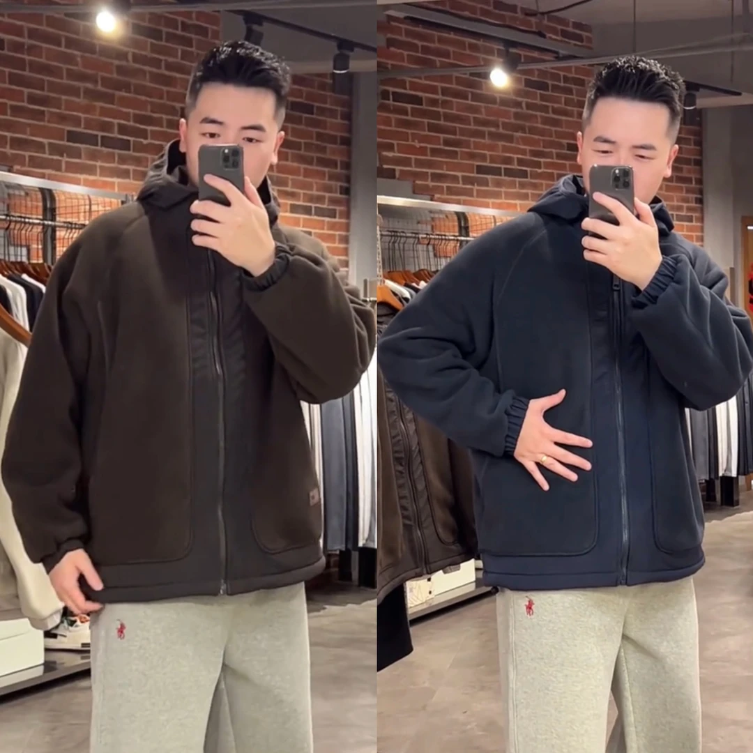 2025冬季双面摇粒绒拼接连帽外套男潮牌时尚百搭户外保暖夹克上衣