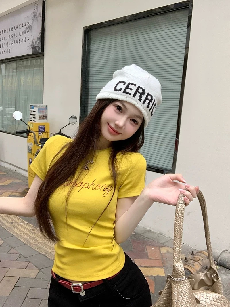 美式复古黄色字母烫钻正肩短袖t恤女装夏季2025新款修身显瘦上衣