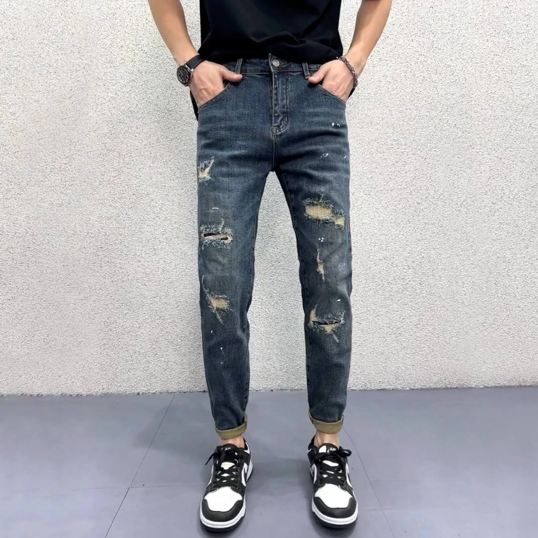 秋季破洞牛仔裤男款爆款2025新款复古泼墨水洗潮流韩版修身小脚裤