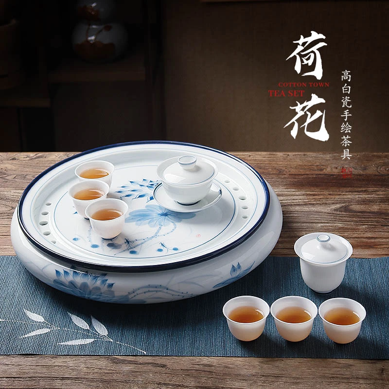 玉瓷圆形茶盘羊脂玉陶瓷储水青花干泡茶盘家用托盘高档茶具礼盒装