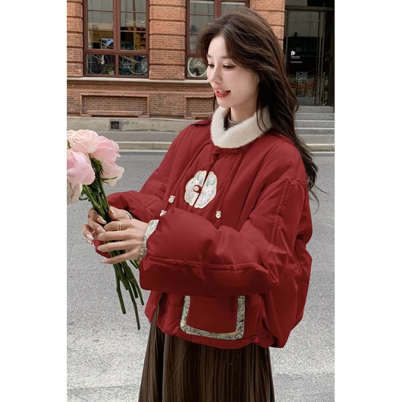 新中式国风改良刺绣羽绒服女冬水貂毛宽松白鸭绒短款小个子外套