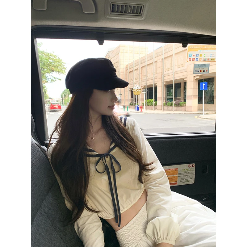 现货 学院风衬衫女2025夏季撞色气质衬衣修身显瘦短款灯笼袖上衣