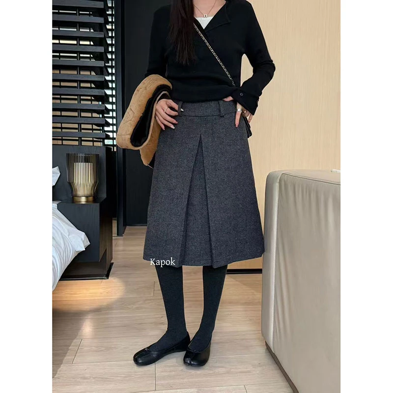 【夏央】2025秋冬新款气质毛呢高腰显瘦中款半身裙#7754