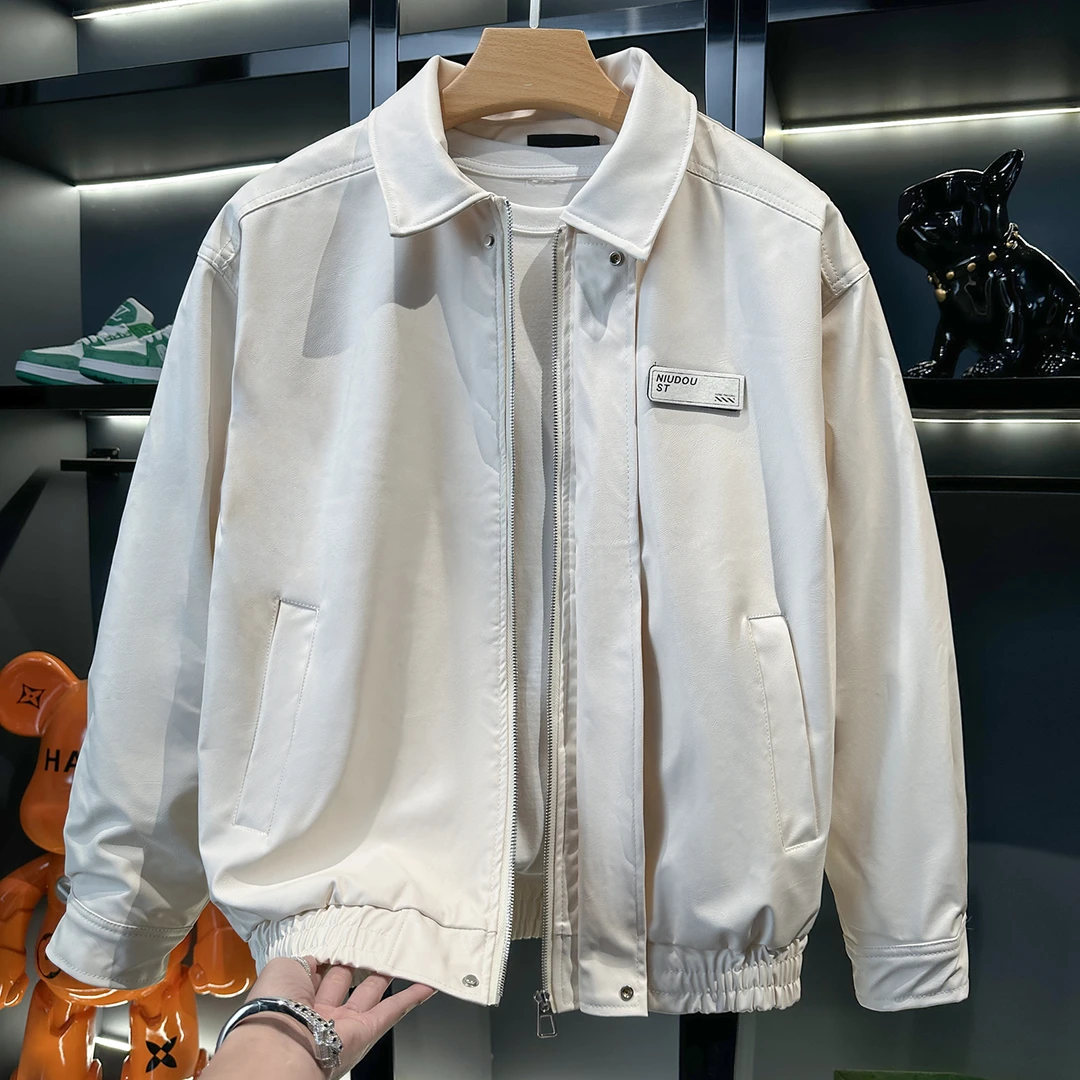 秋装新款宽松贴标设计夹克衫翻领机车PU皮衣外套情侣皮夹克男潮牌