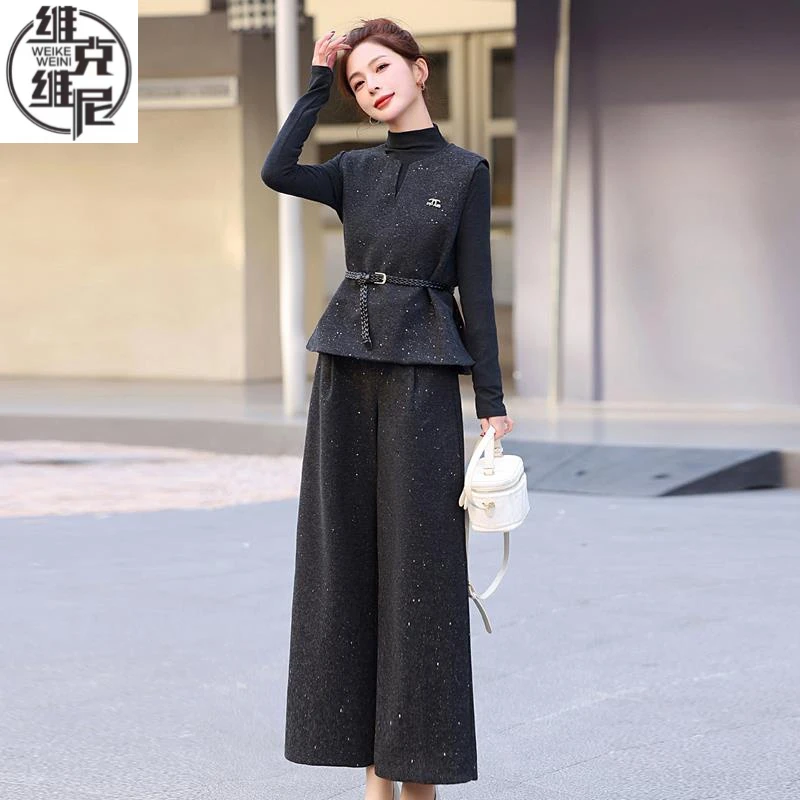 灰色小香风亮片马甲套装女2025春秋新款通勤气质显瘦阔腿裤三件套