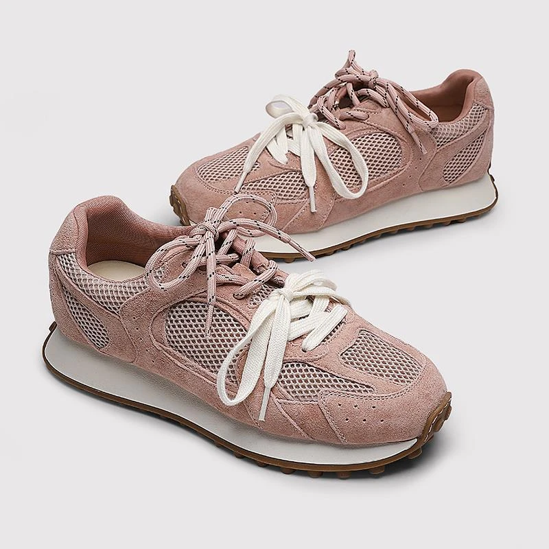 厚底真皮网面小蛮腰阿甘鞋女2025夏季透气小白鞋爆款德训鞋运动鞋