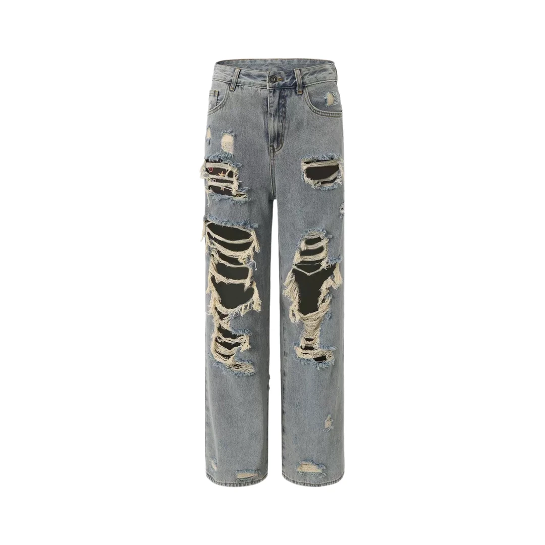 美式水洗牛仔裤复古宽松裤子阔腿做旧破洞风直筒时髦感Senseaweek