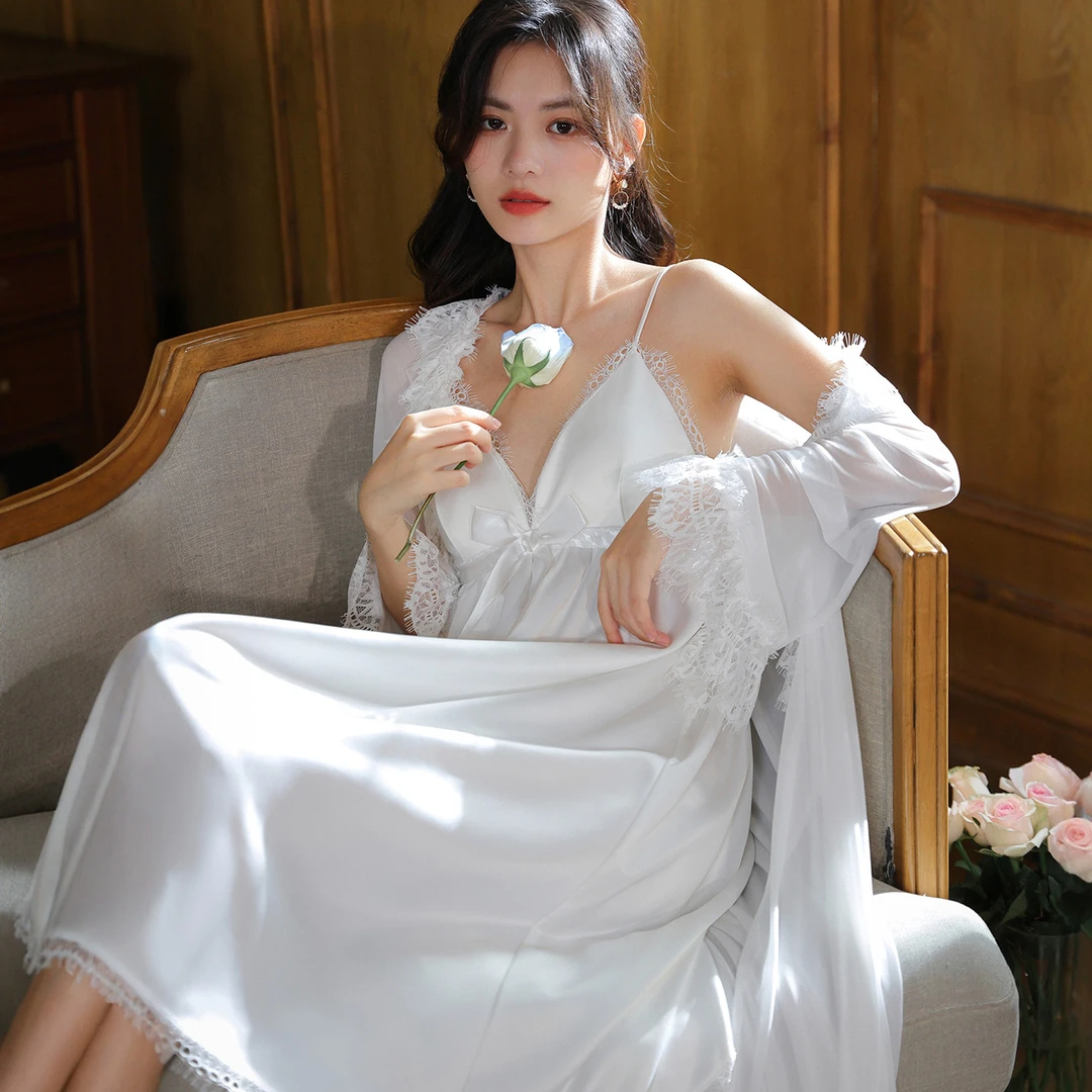 巴韦那奇深V领性感纯欲睡衣女长袖睡袍女睡裙两件套带胸垫家居服