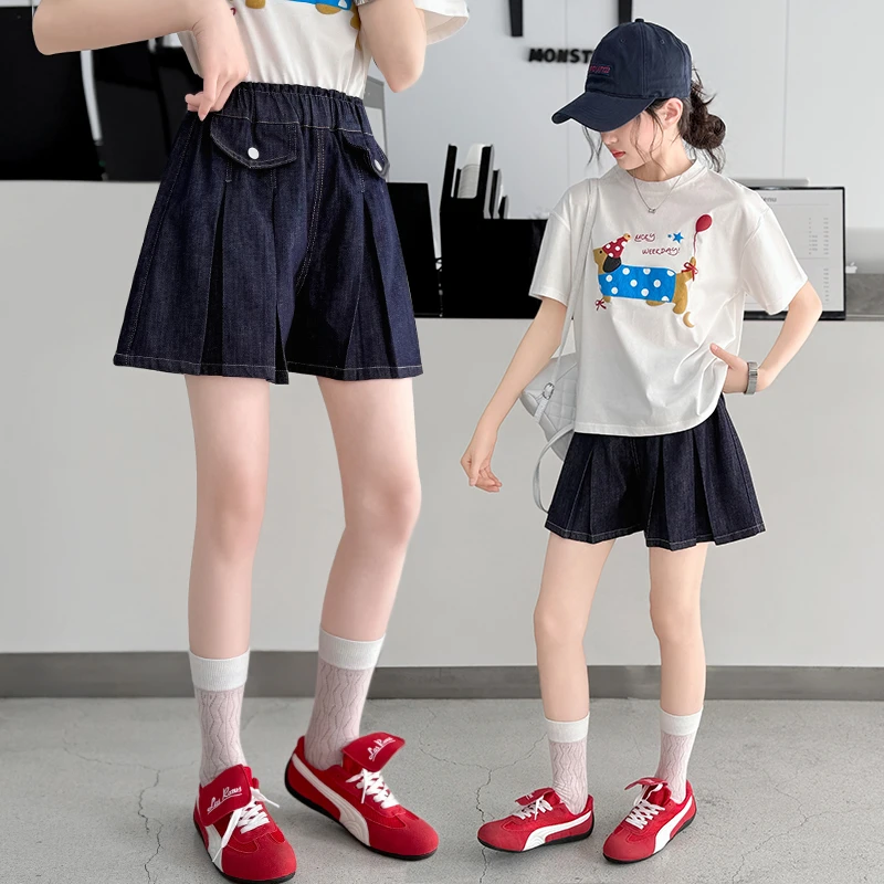 女童牛仔短裤套装2025儿童网红潮酷夏装中大童韩系冰丝裤两件套潮