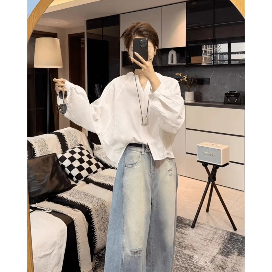 长袖衬衫女2025春季新款欧韩货设计感小众插肩袖宽松百搭薄款上衣