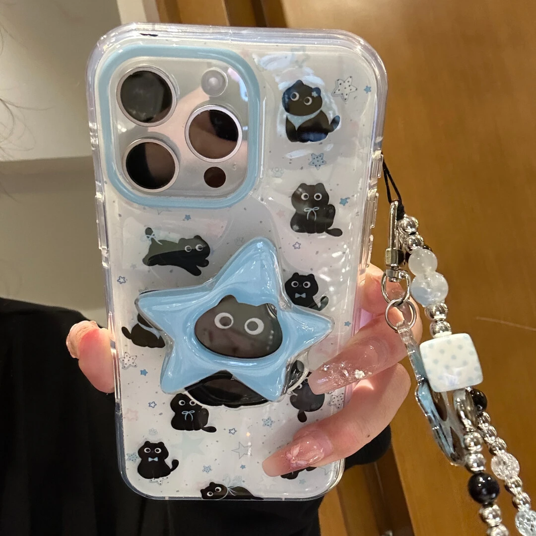 蓝色星星头套小黑猫适用iPhone16promax手机壳苹果15pro少女14/13