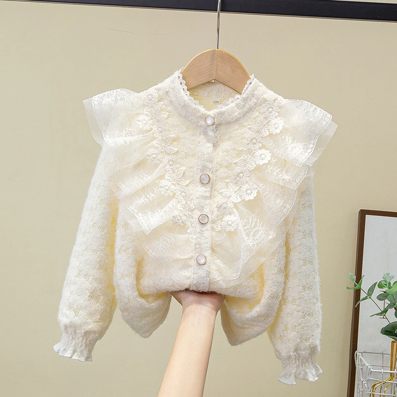 【贝贝优品】冬季年款女童加绒时尚洋气V字型花朵印花衬衫开衫