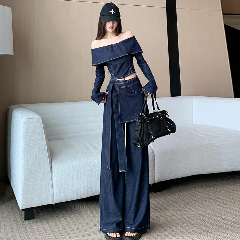 春季辣妹牛仔套装2025新款一字肩上衣设计感屁帘阔腿裤两件套穿搭