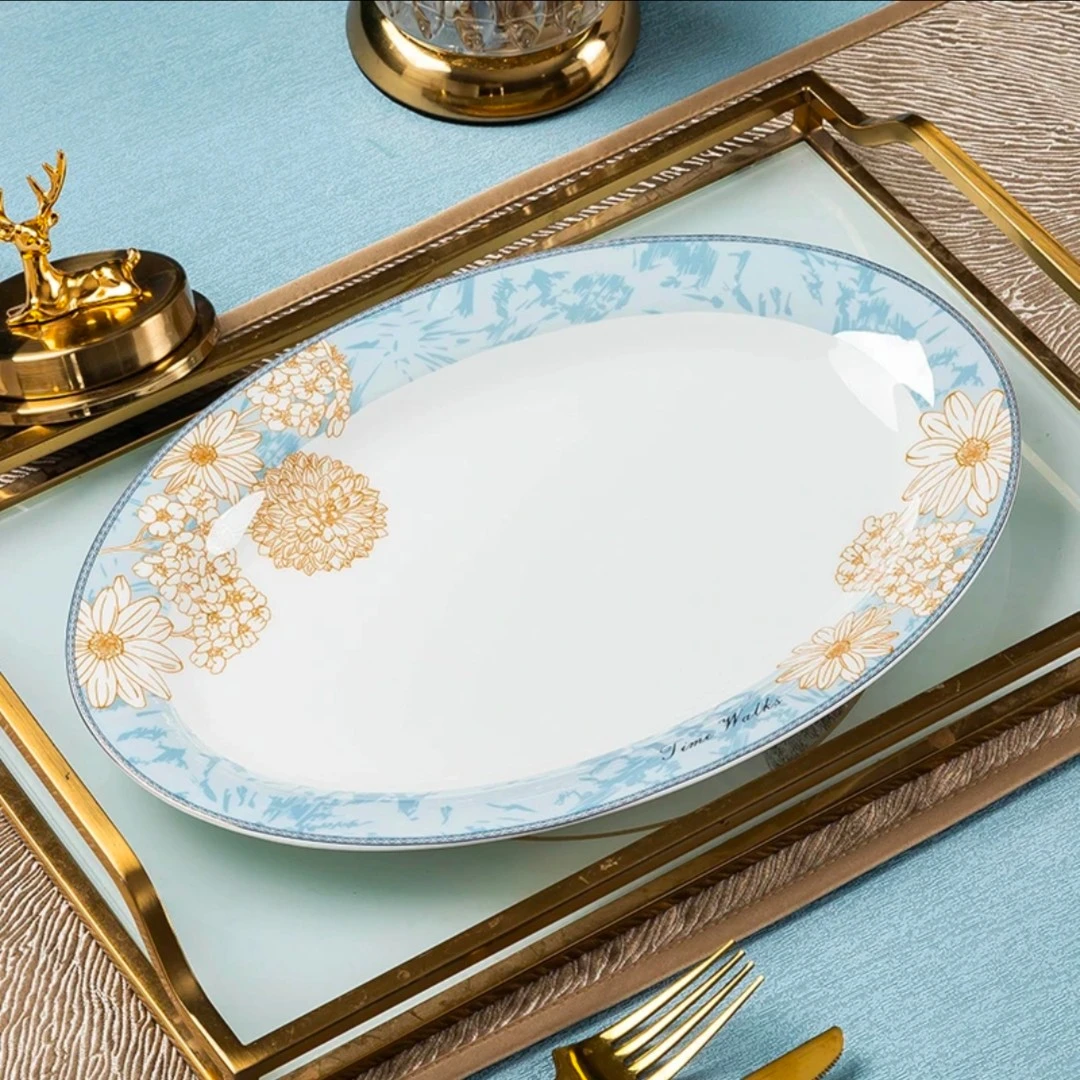 时光漫步12英寸鱼盘网红餐具家用骨瓷餐具家用中式陶瓷菜盘子