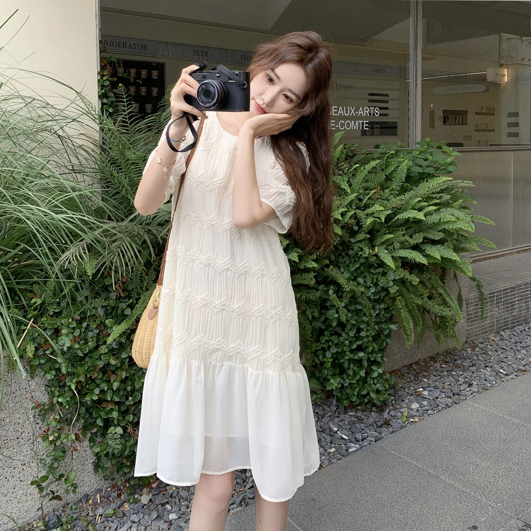 显瘦拼接白色连衣裙女2025法式新款气质爆款超好看收腰小个子裙子