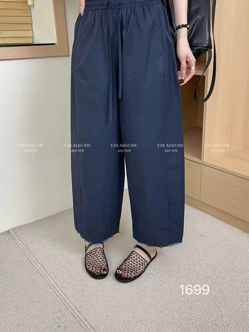 静静推荐 夏季新款蕾丝花边松紧腰九分阔腿显瘦休闲弯刀裤8879