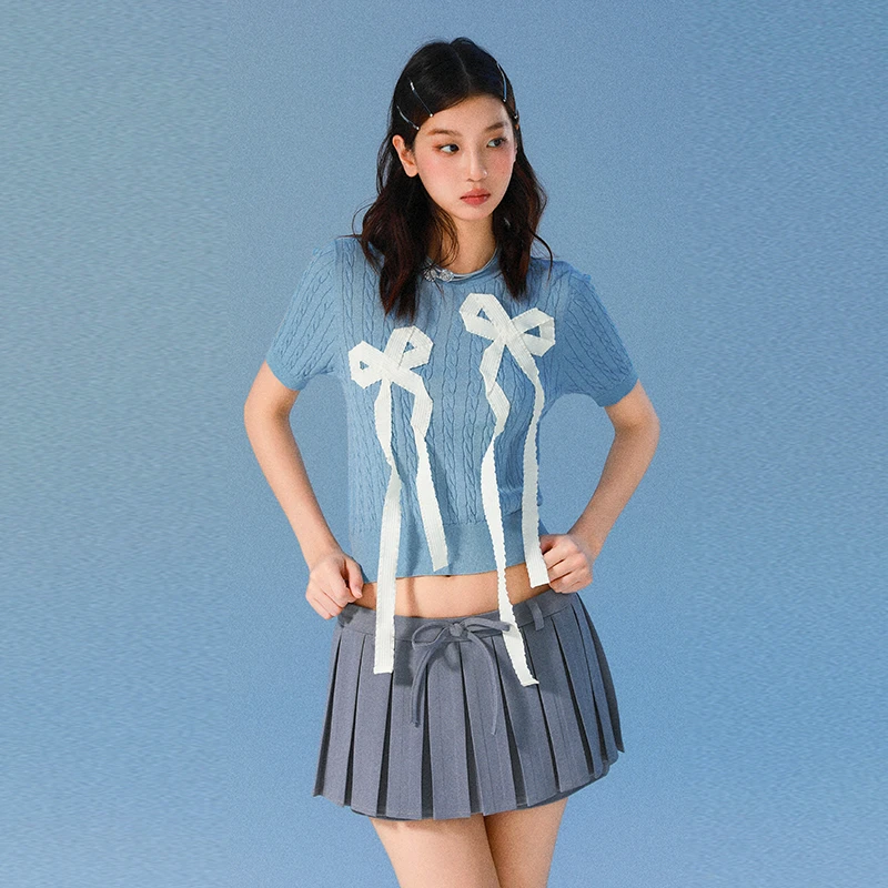 KBLC春夏蝴蝶结设计感短款显瘦针织短袖针织半截袖时尚撞色圆领