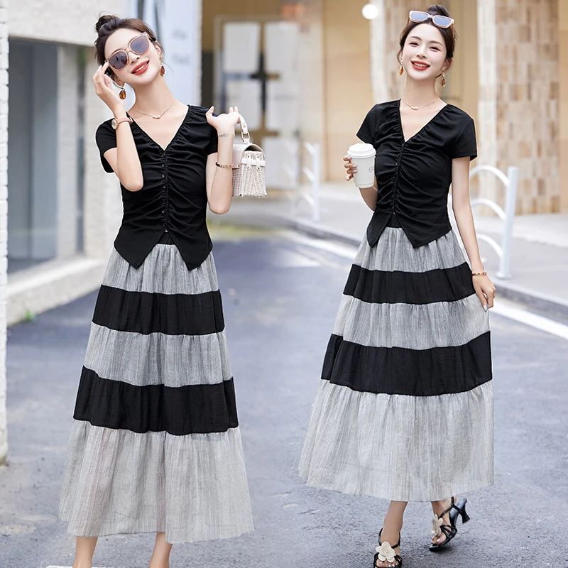 法式气质条纹撞色拼接套装裙女2025夏季新款洋气减龄半身裙两件套