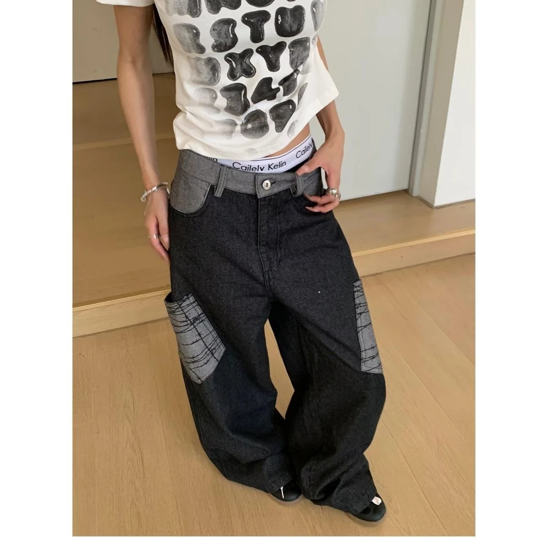 美式复古水洗做旧牛仔裤男女宽松直筒阔腿拖地长裤子潮牌