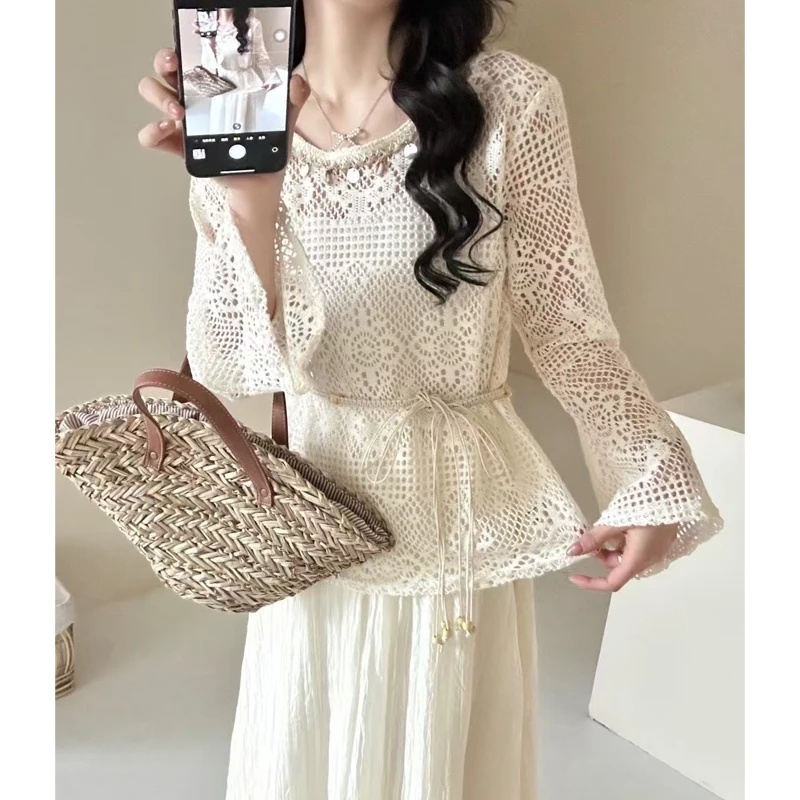 2025春季新款盐系穿搭宽松收腰配腰带镂空罩衫高腰显瘦百搭半身裙