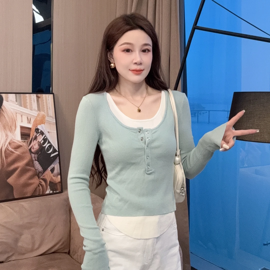 【静静衣橱】春季上新常规款韩版时尚洋气气质套装针织假两件6080
