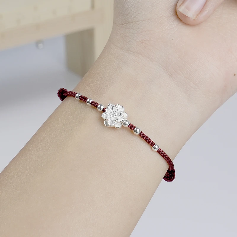 足银手链 好运莲莲花手链纯银999上岸考研玫瑰花手工编织生日礼物