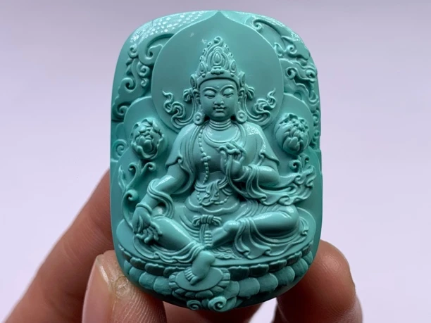 湖北十堰天然原矿绿松石绿度母雕刻件牌子吊坠文玩玉石