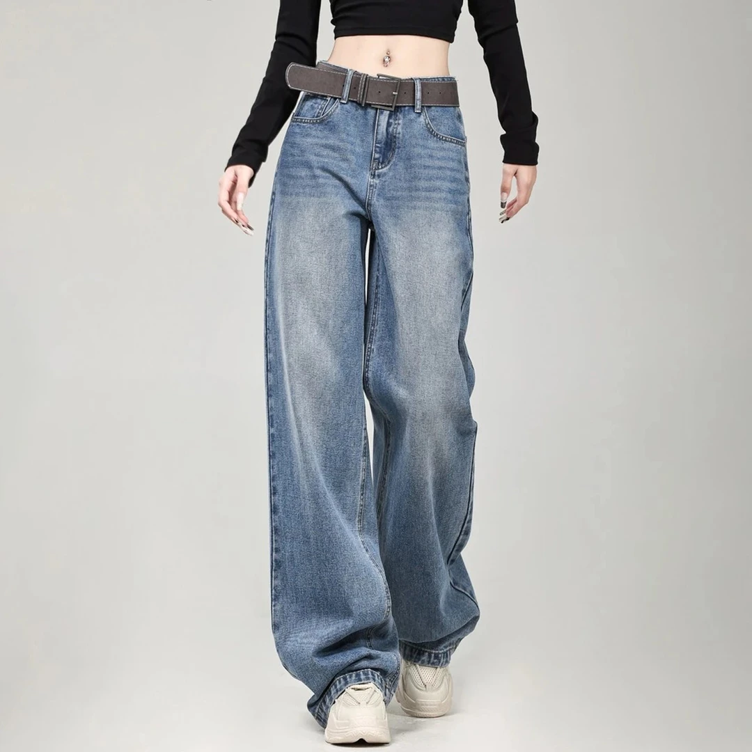 美式复古直筒牛仔裤女秋季新款大码梨型身材高腰显瘦阔腿长裤