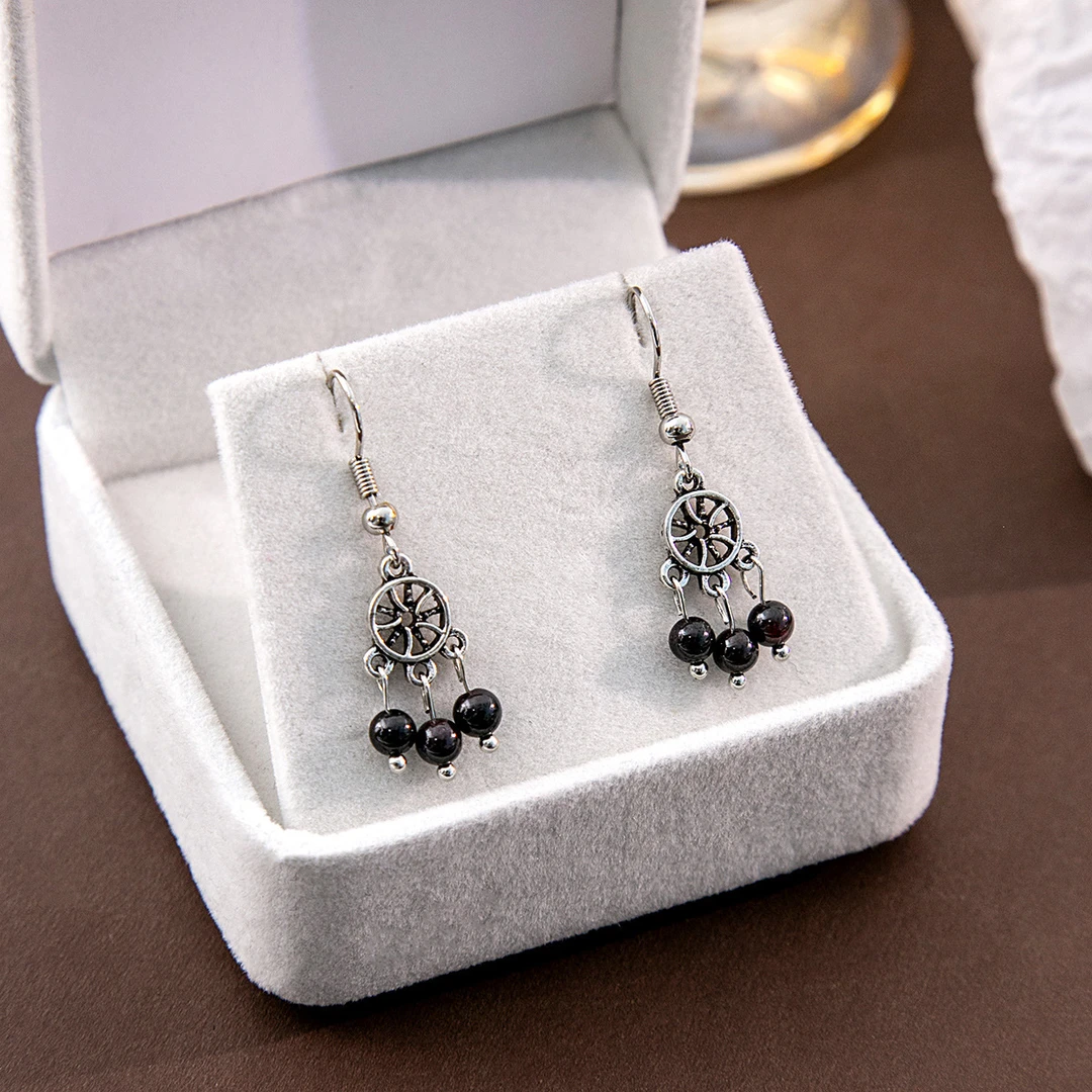 铜合金锆石耳饰 复古民族风圆形做旧耳环长款镂空黑色圆珠流苏耳