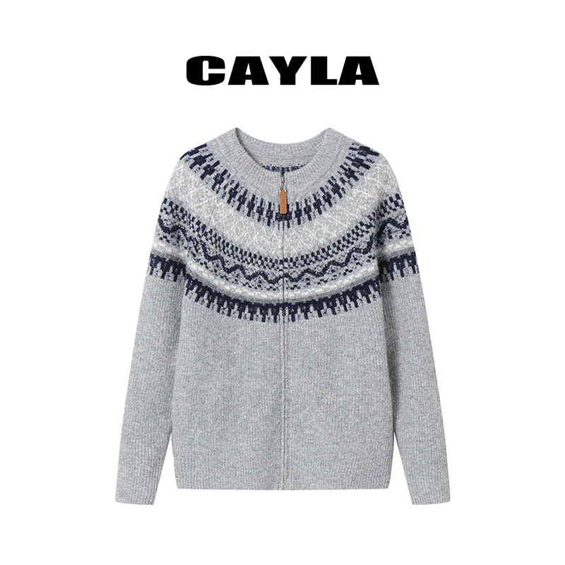【茉舍】cayla复古费尔岛提花圆领针织开衫CY2025AW054-1199