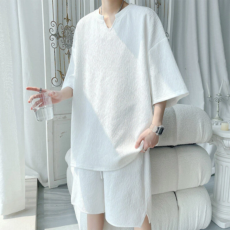 纹理感套装男款2025夏季新款潮流百搭宽松V领短袖短裤休闲两件套