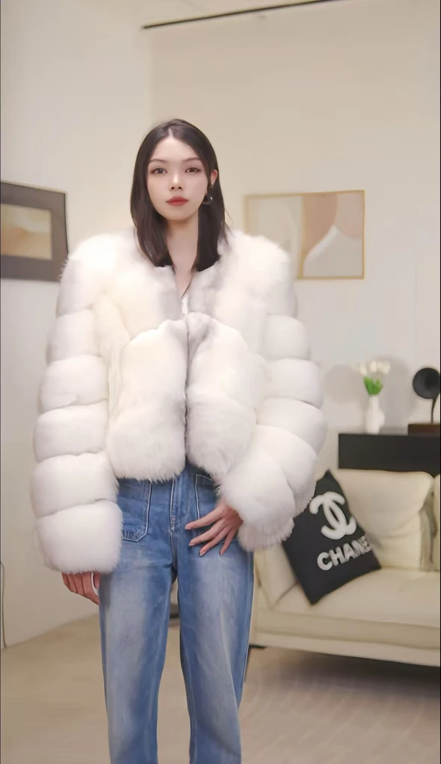 【琥珀流光】芬兰进口整版狐狸毛皮草白狐双色外套女短冬25年新款