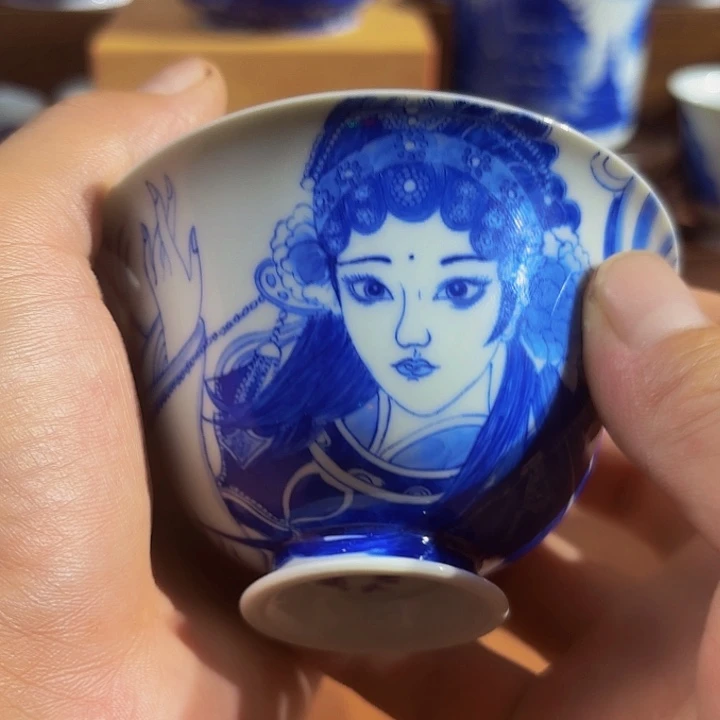 皆***喜青花手工手绘盖碗人物