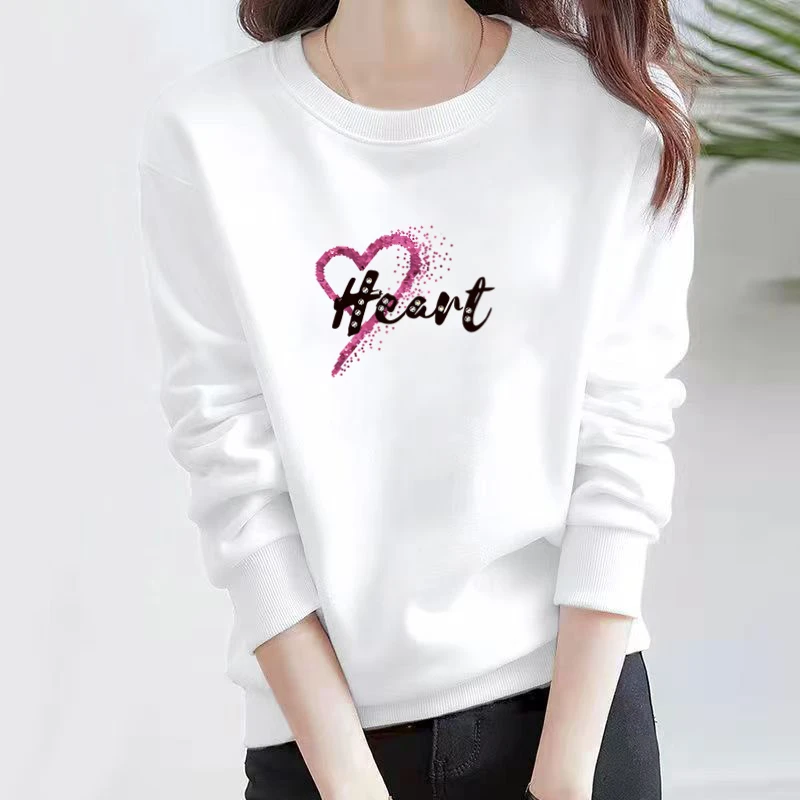 100%纯棉长袖t恤女打底衫新款白色圆领印花秋衣宽松春秋体秋季