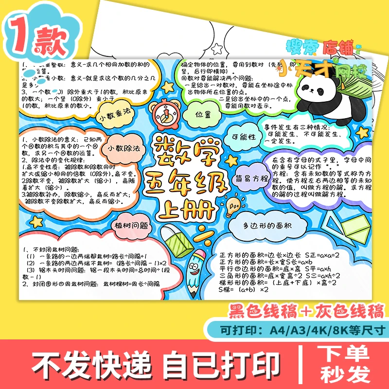 数学五年级上册思维导图手抄报电子模版 知识点总结小报线稿g321