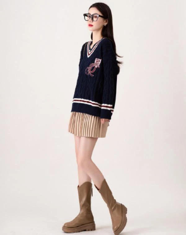 A073学院风针织衫V领