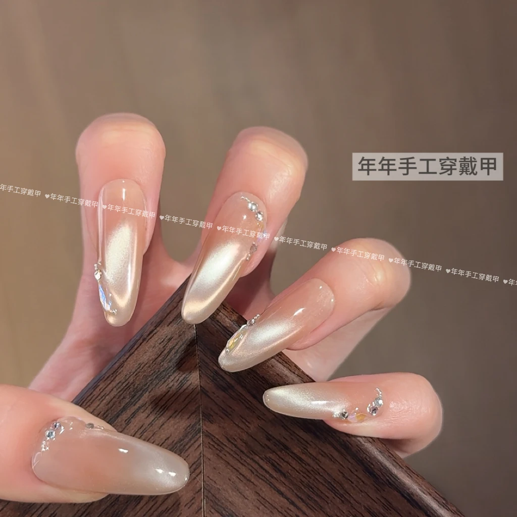 【银月柔纱】纯手工制作穿戴甲精品猫眼美甲温柔气质甲片