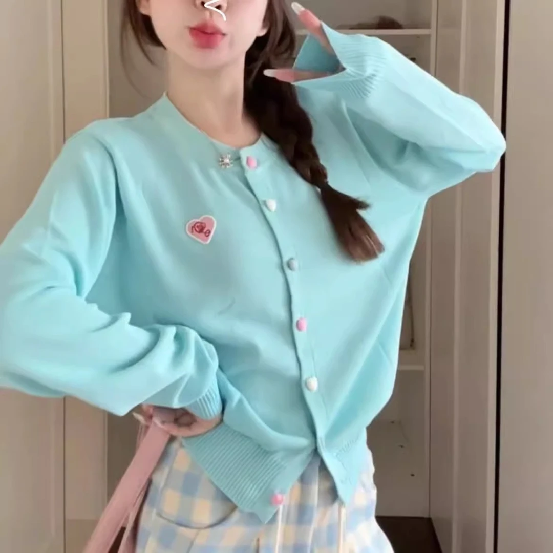 多巴胺圆领蓝色针织毛衣开衫外套女秋季新款慵懒甜美外搭长袖上衣