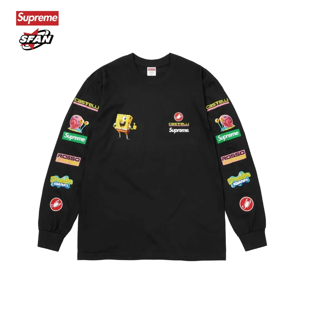 Supreme联名 SS25 Racing L/S Tee 海绵宝宝印花圆领长袖T恤