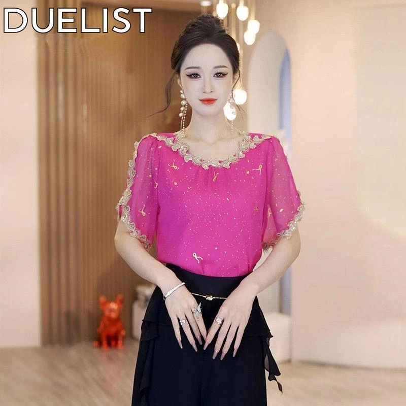 DUELIST玫红色亮片夏穿搭短袖衬衫女气质优雅轻薄透气衫洋气上衣