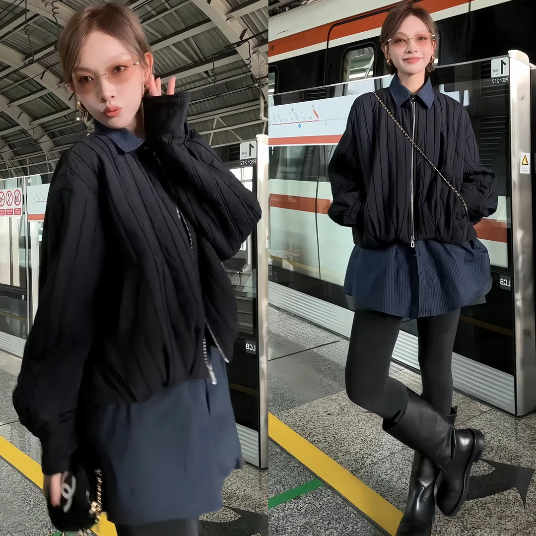 2025秋季新款时尚显瘦休闲风假两件舒适棉服短外套圆领长袖厚款女