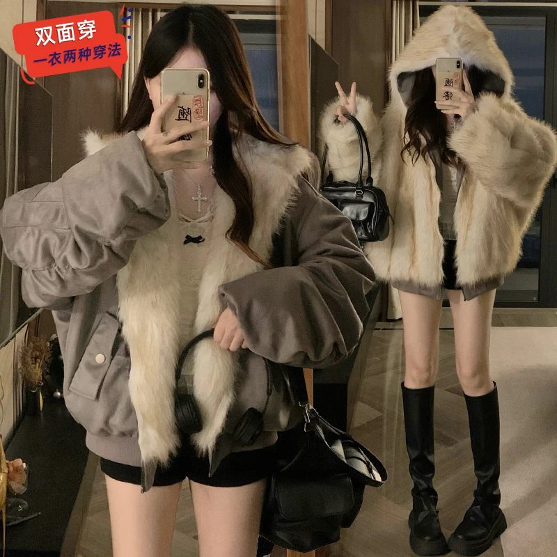 冬季加绒加厚女外套座山雕双面穿爆款棉服棉衣毛毛麂皮绒外套