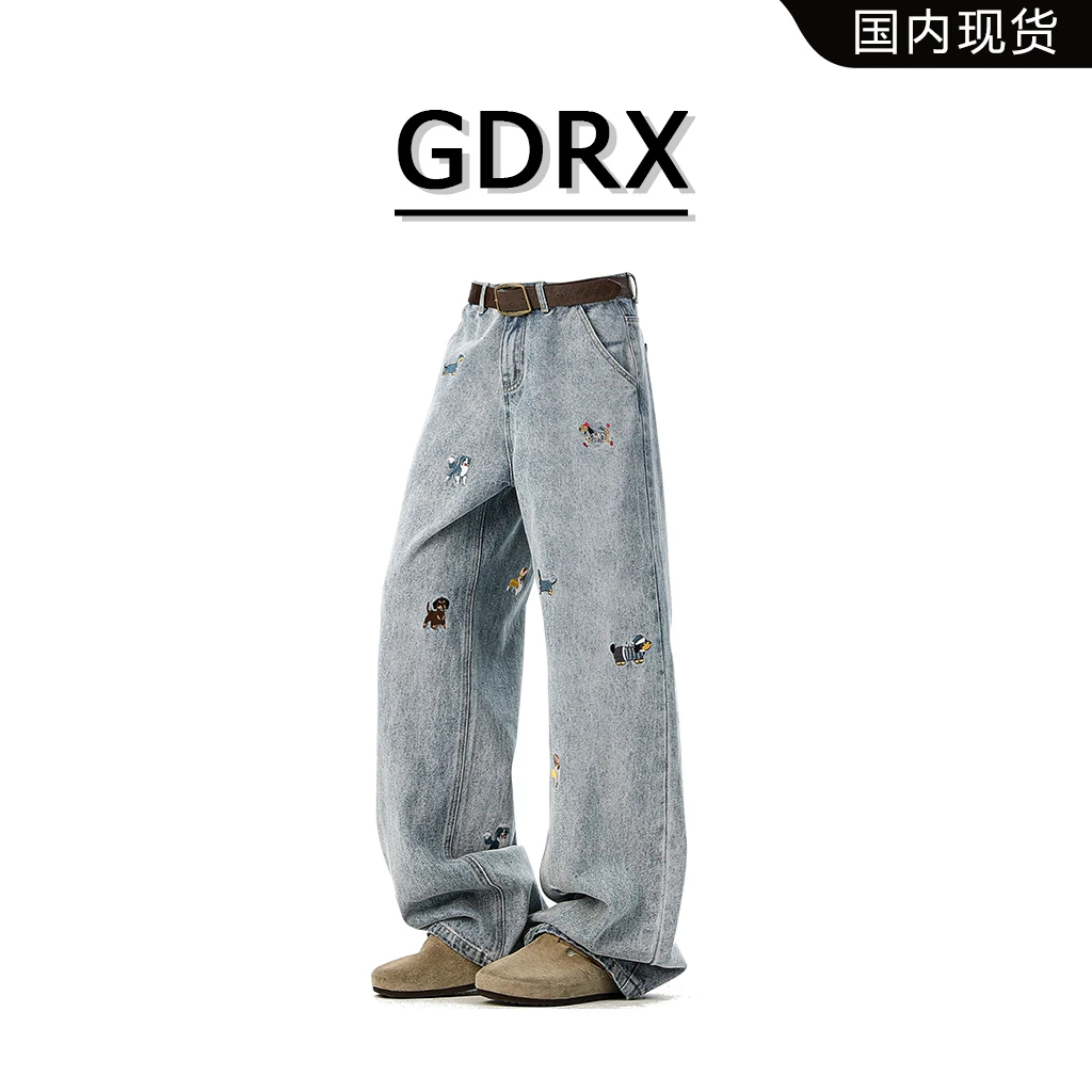 GDRX美式潮牌牛仔裤男款2025秋季腊肠狗刺绣直筒裤轻奢痞帅男装