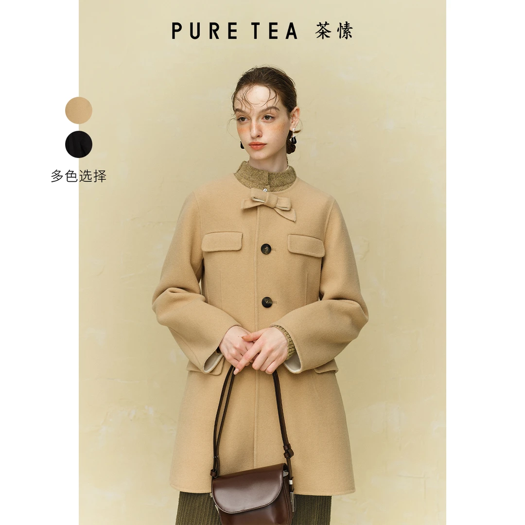 【绒绒暖阳】茶愫绵羊毛中长大衣女双面呢圆领外套冬新款TC0202C41