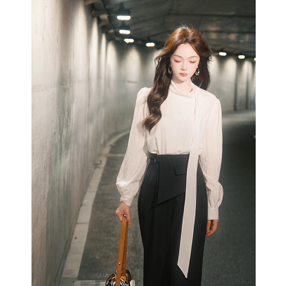 【光影迷离】秋季新款长袖时尚百搭柔美法式绑带设计衬衫女3398