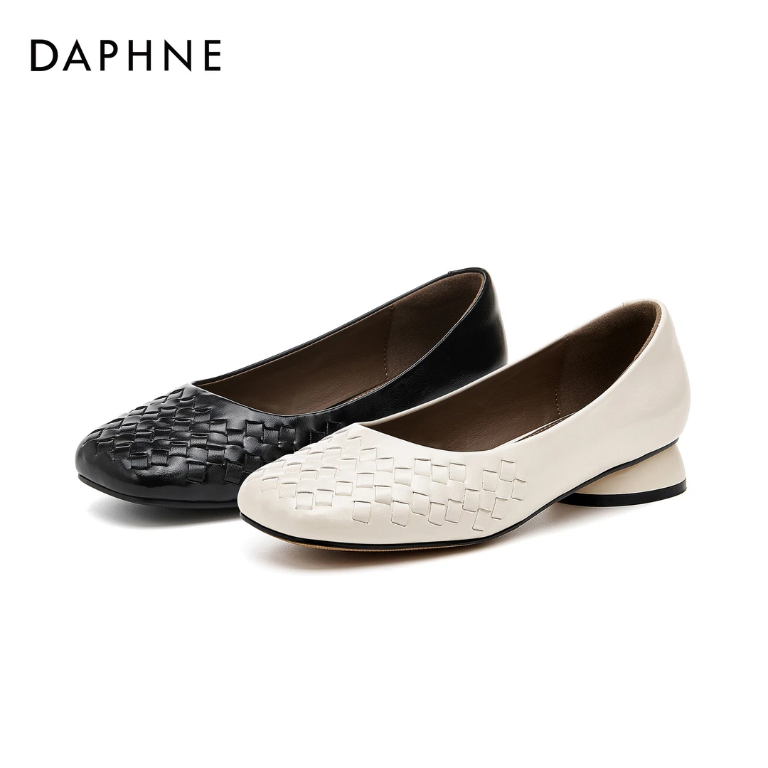 达芙妮品牌时尚软底舒适粗跟单鞋春秋季新款法式浅口百搭低跟跟鞋