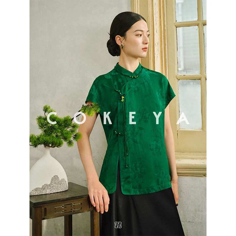 COKEYA/东方美人~绿意阑珊 提花缎新中式蝴蝶吊坠宽松短袖女