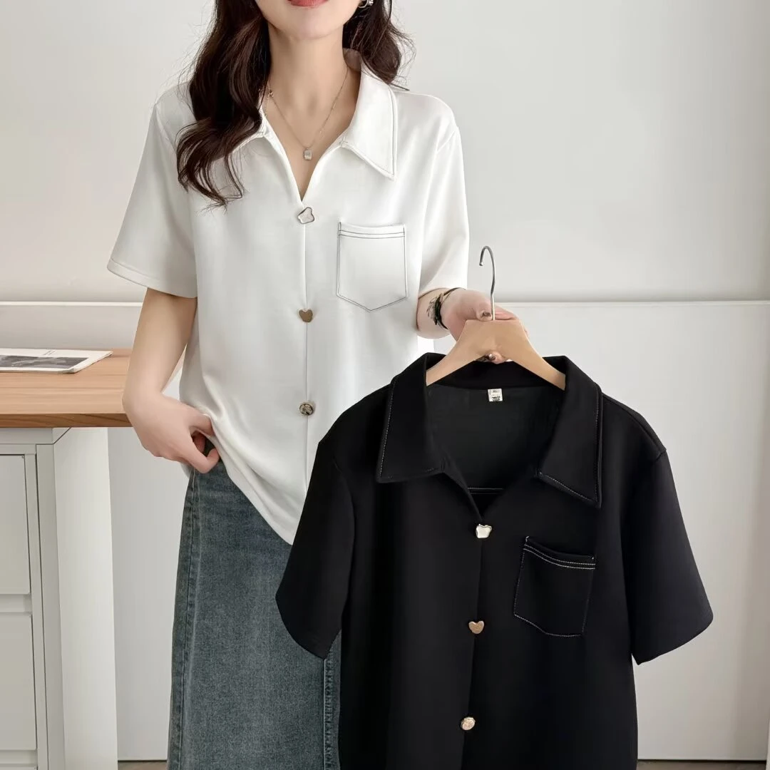 年轻微胖mm时尚翻领大码女装白色黑色短袖夏季衬衫衬衣上衣宽松