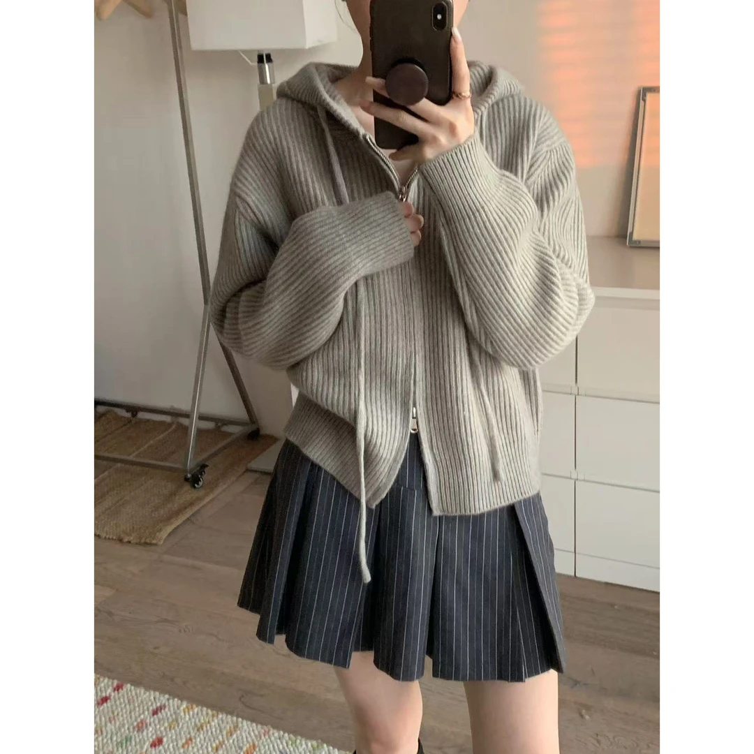 【云灰竖条系带帽衫】加厚小个子重工慵懒风连帽毛衣开衫女FFX2021