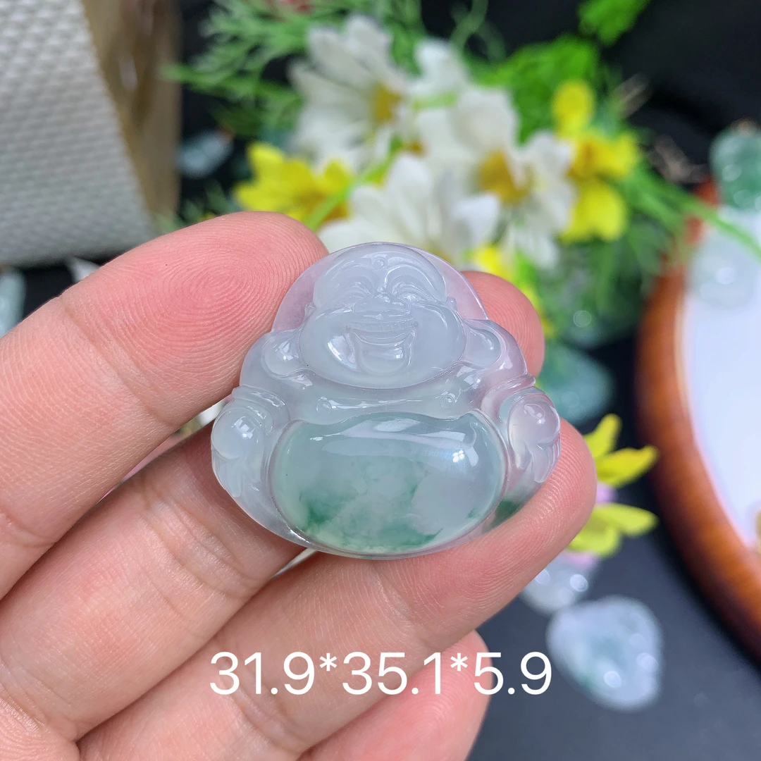 天然缅甸翡翠A货冰种飘花佛公钟吊坠种老水足气质百搭精雕精美百